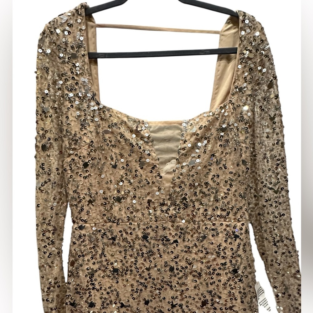Asos Luxe Sequin Long Sleeve Nude gold sequin white tulle hem dress size 14 - Picture 8 of 12